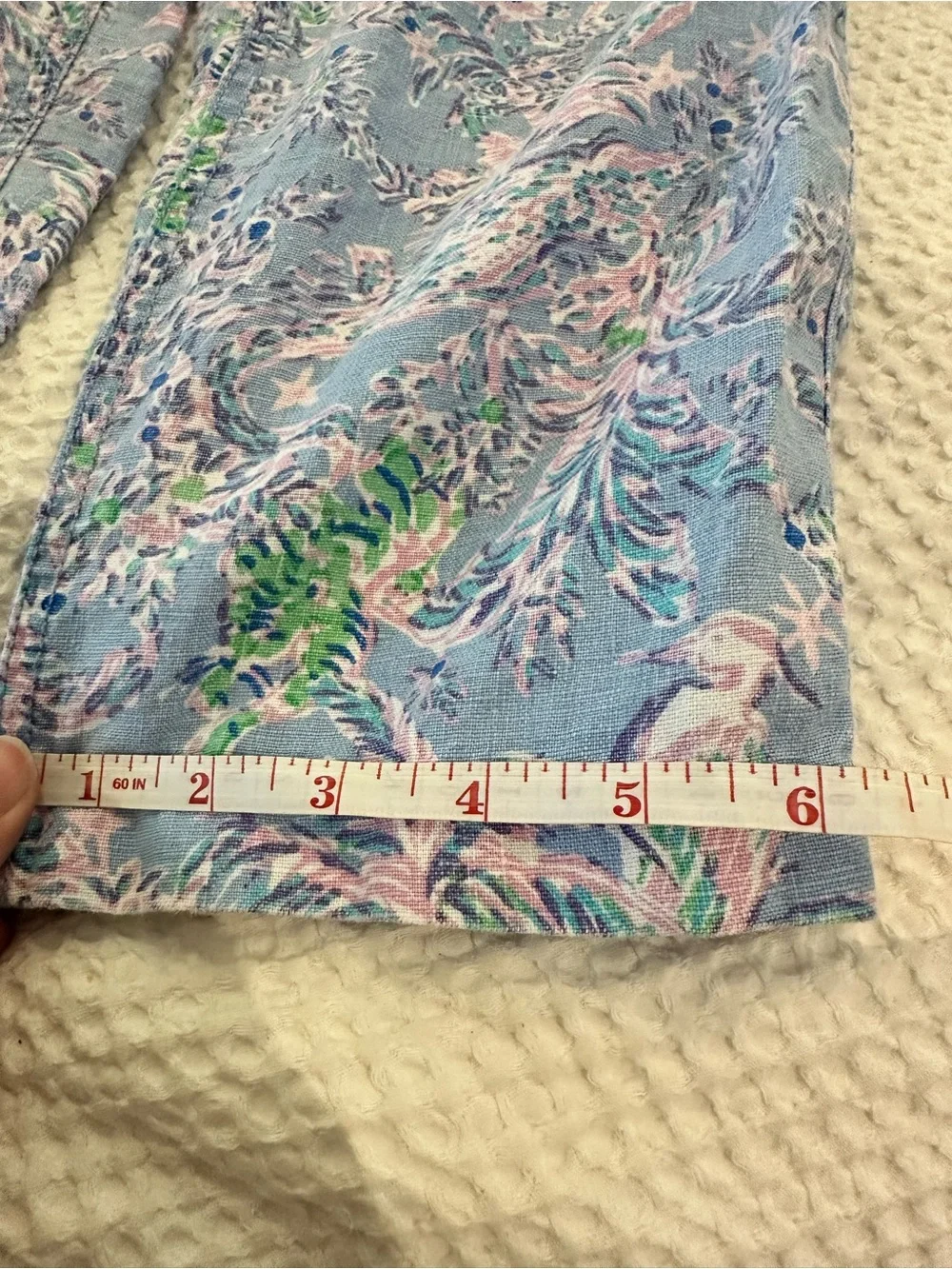Lilly Pulitzer Taron Pants Women’s Large 100% Linen Blue Tropical Beach Print